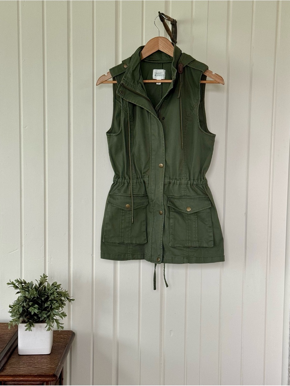 Market & Spruce Olive Green Cotton Utility Hooded Vest Size S